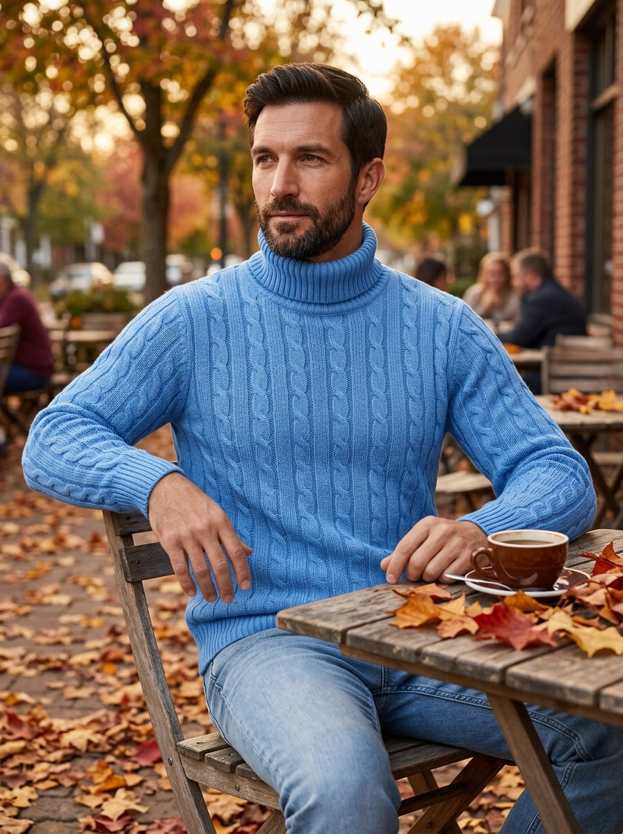 Adriano jersey de ochos grueso de cuello alto azul, en una terraza en otoño