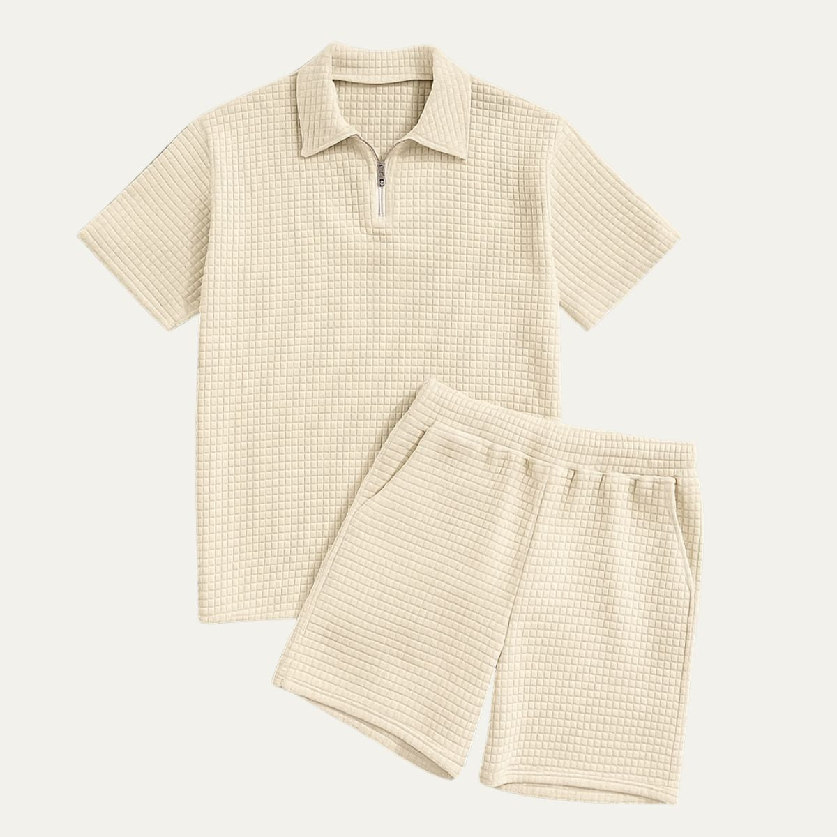 Hombre Conjunto de Polo con Cremallera y Pantalones Cortos con Textura de Cuadrícula