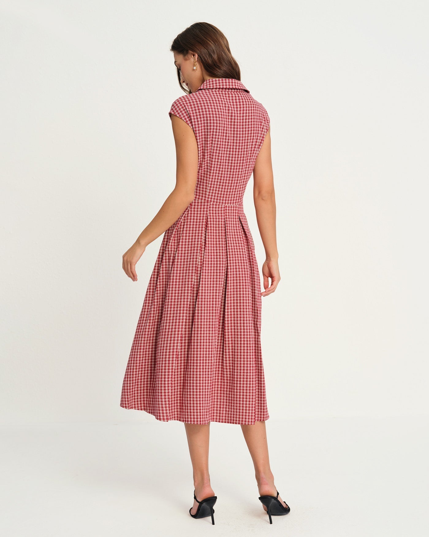 Vestido Midi de Cuadros con Cuello — Rojo