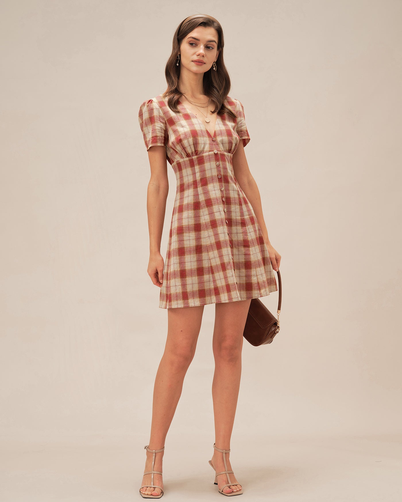 Vestido Mini de Cuadros Escote en V — Rojo