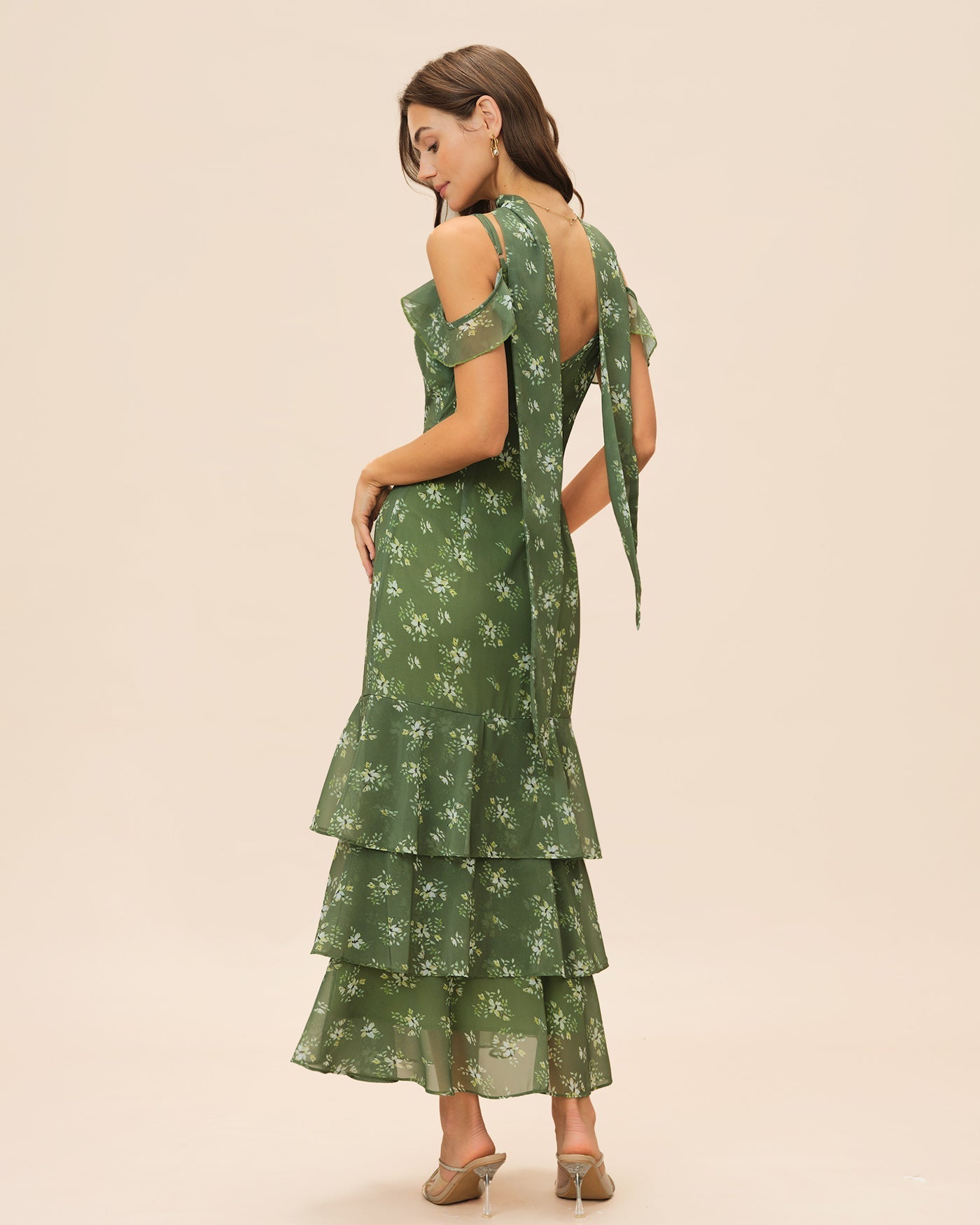 Vestido Maxi Floral con Volantes Escote en V — Verde