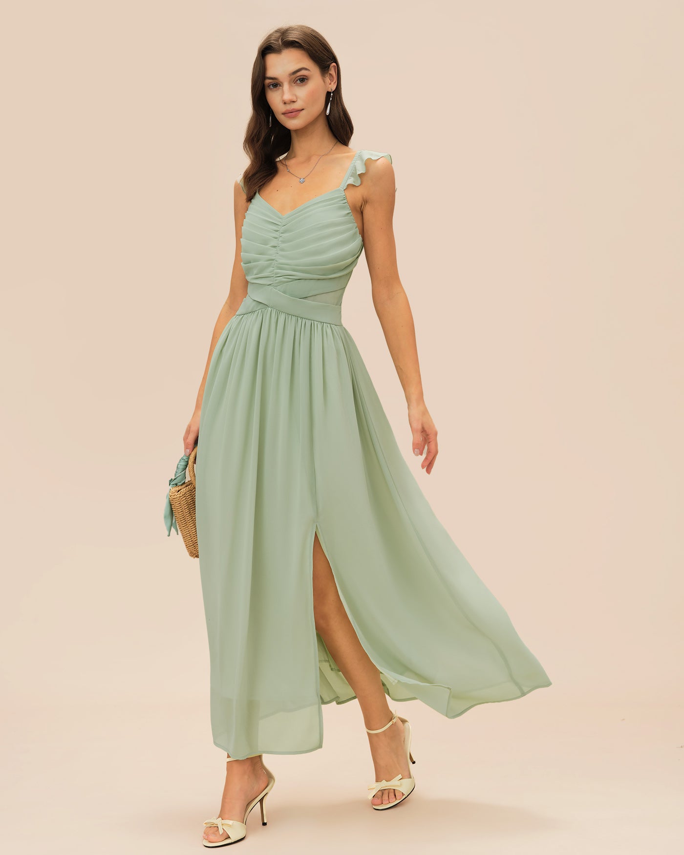 Vestido Maxi con Volantes y Lazada — Verde