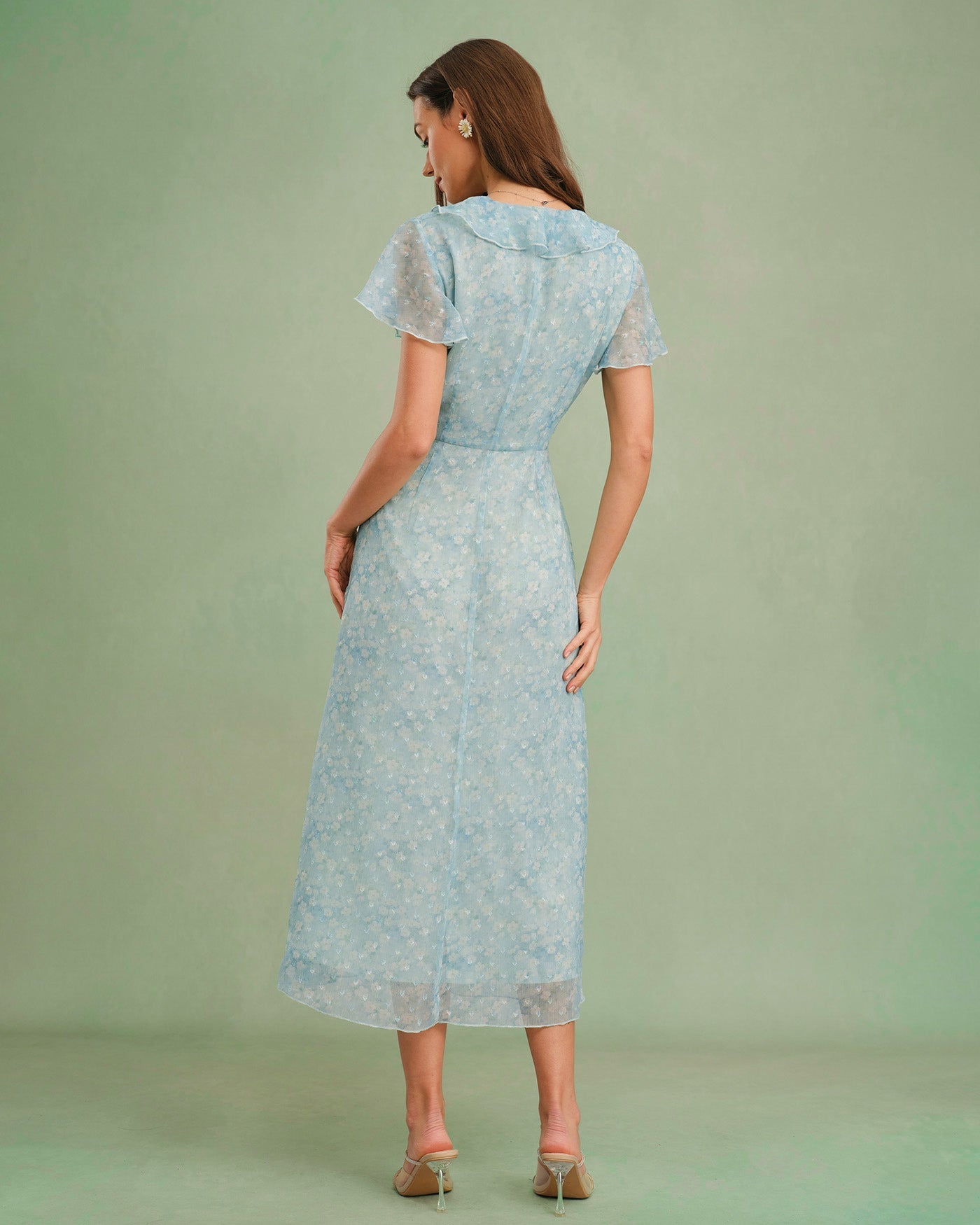 Vestido Midi Floral con Volantes y Escote en V — Azul