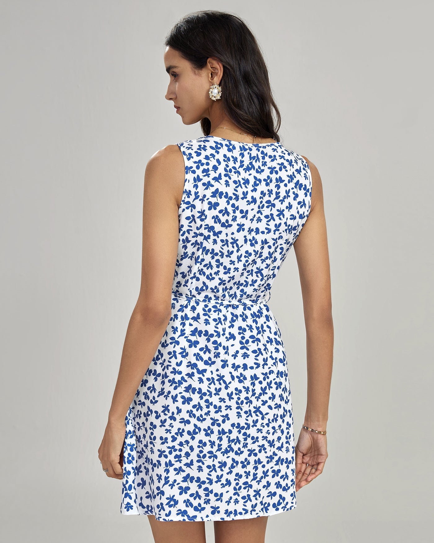 Vestido Mini Floral Escote en V — Azul