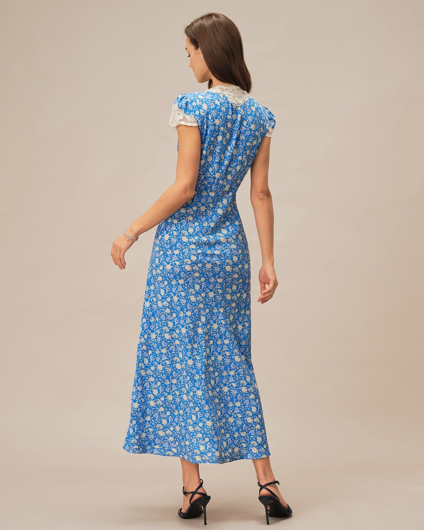 Vestido Maxi Floral Escote en V — Azul