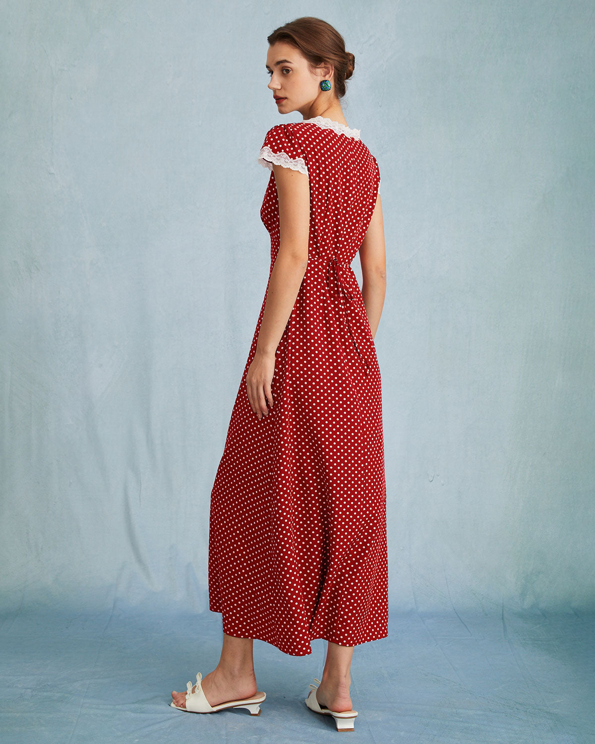 Vestido Maxi de Lunares con Encaje — Rojo