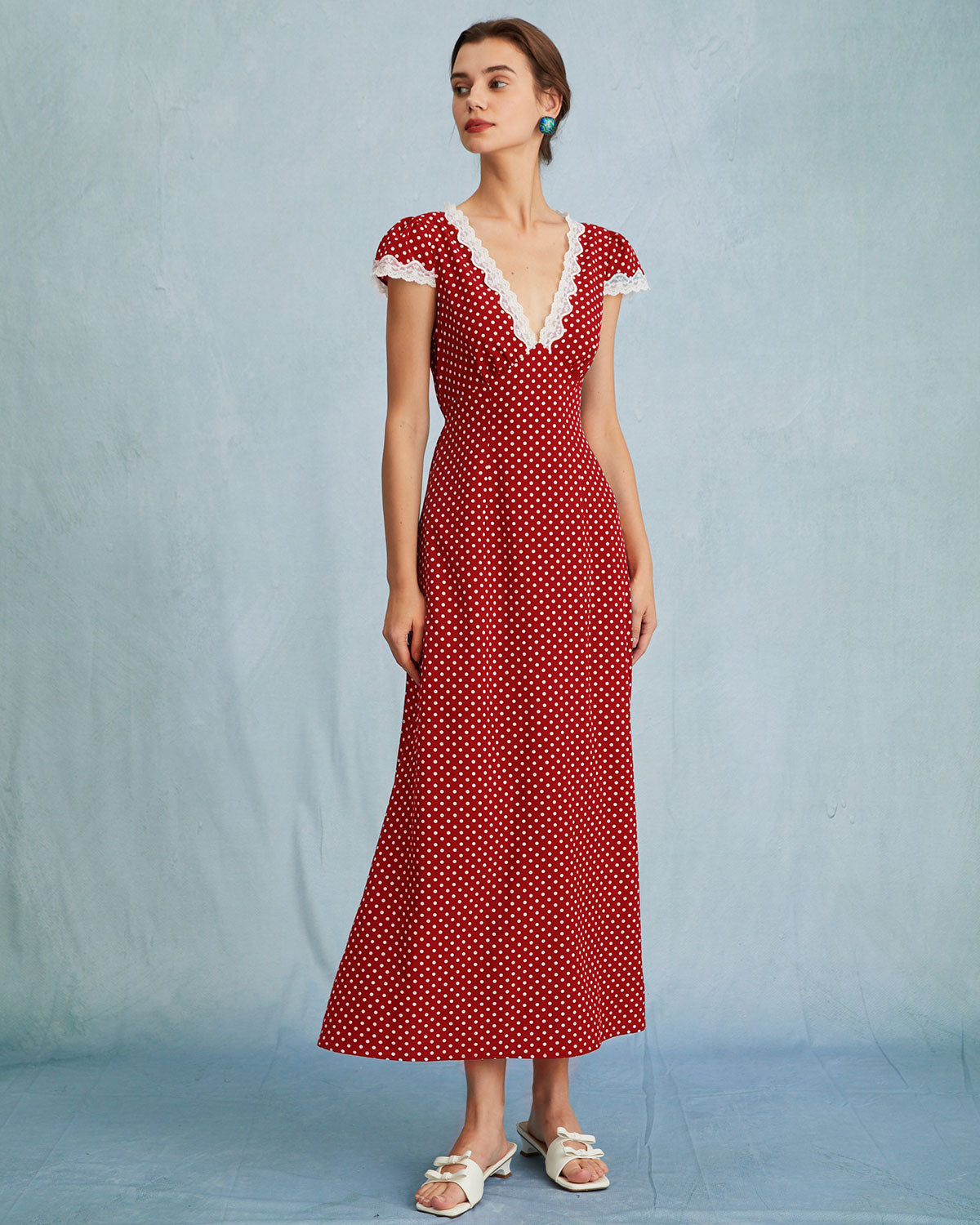 Vestido Maxi de Lunares con Encaje — Rojo