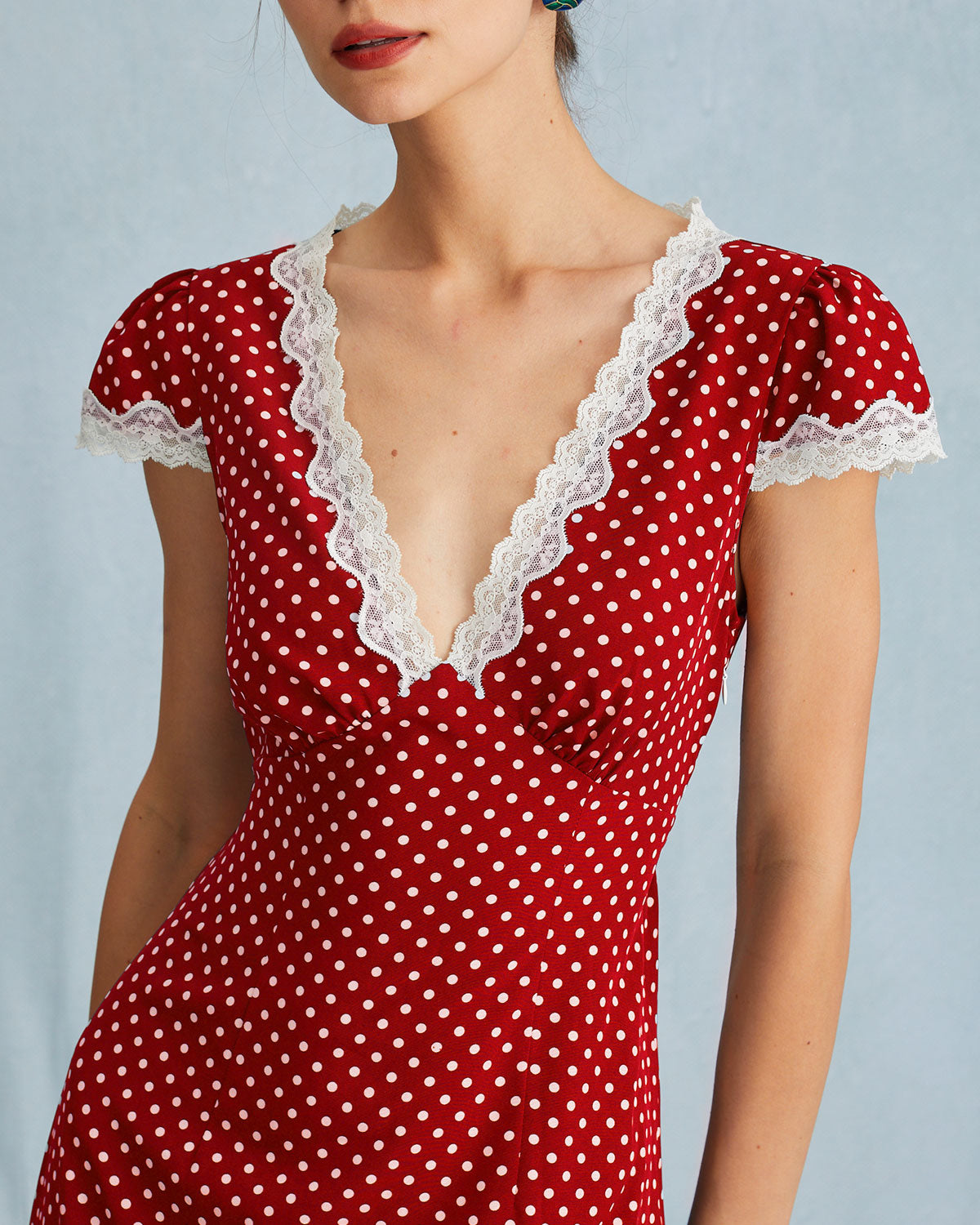 Vestido Maxi de Lunares con Encaje — Rojo