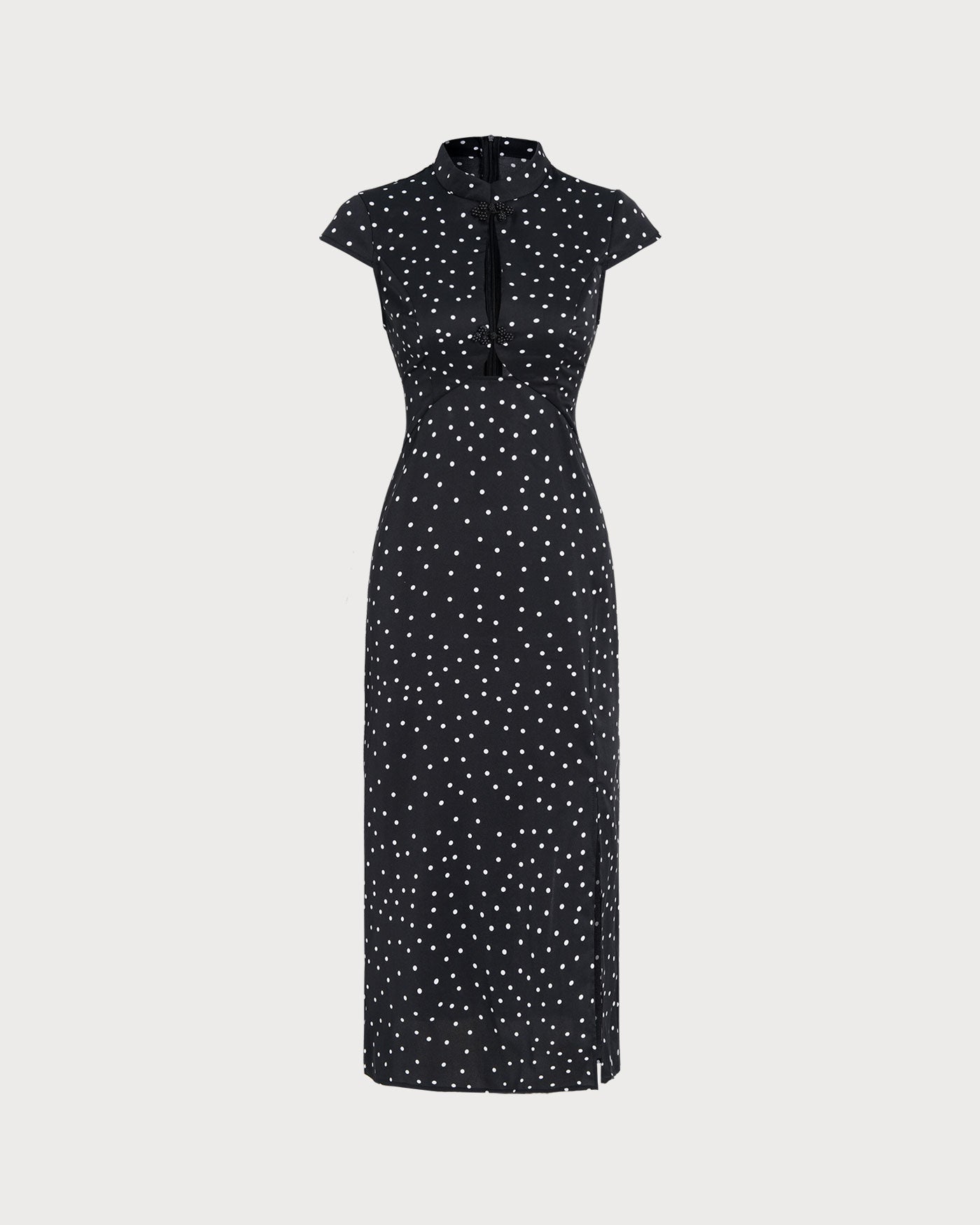 Vestido Midi de Lunares Cuello Mao — Negro