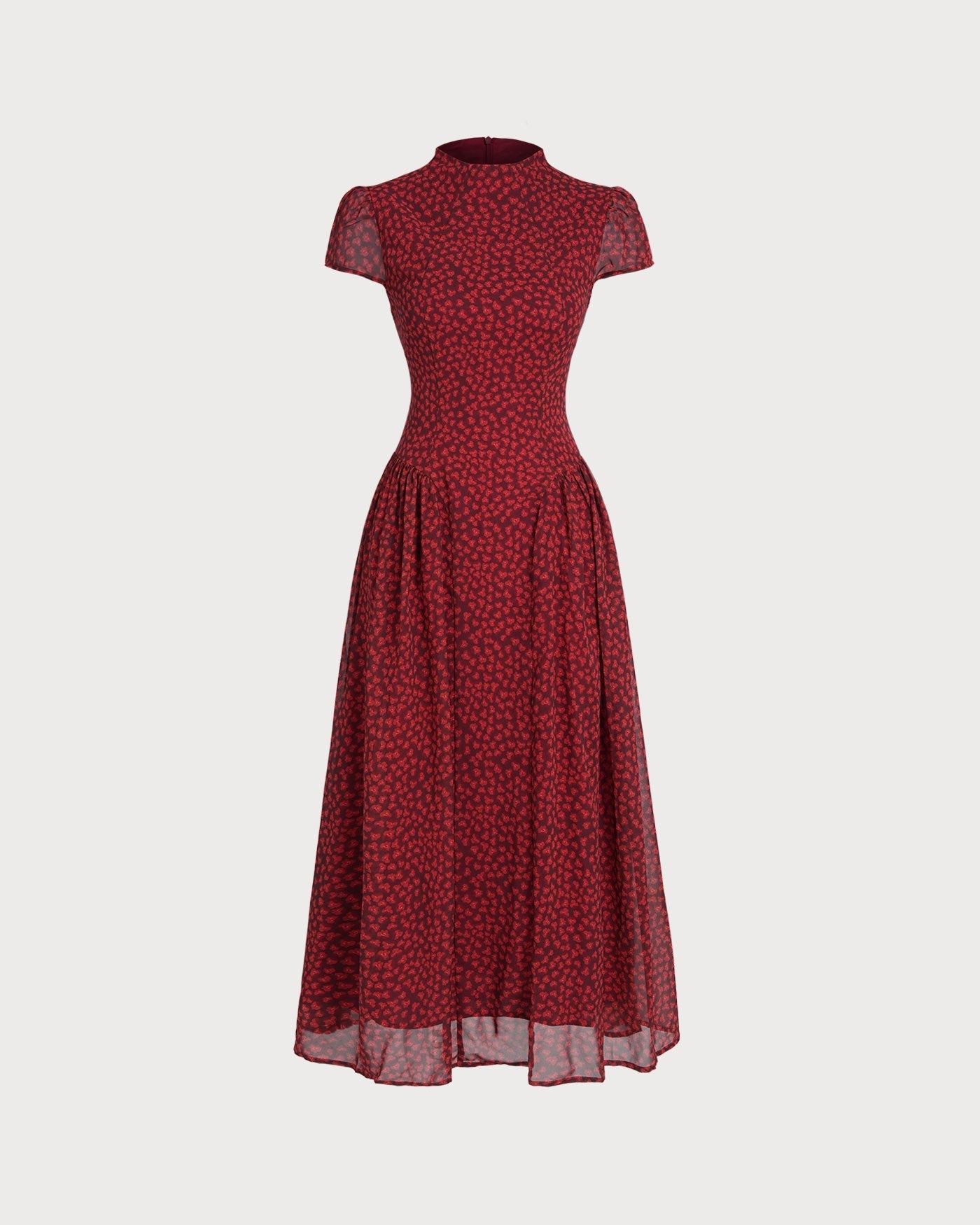Vestido Maxi Floral Manga Casquillo — Rojo