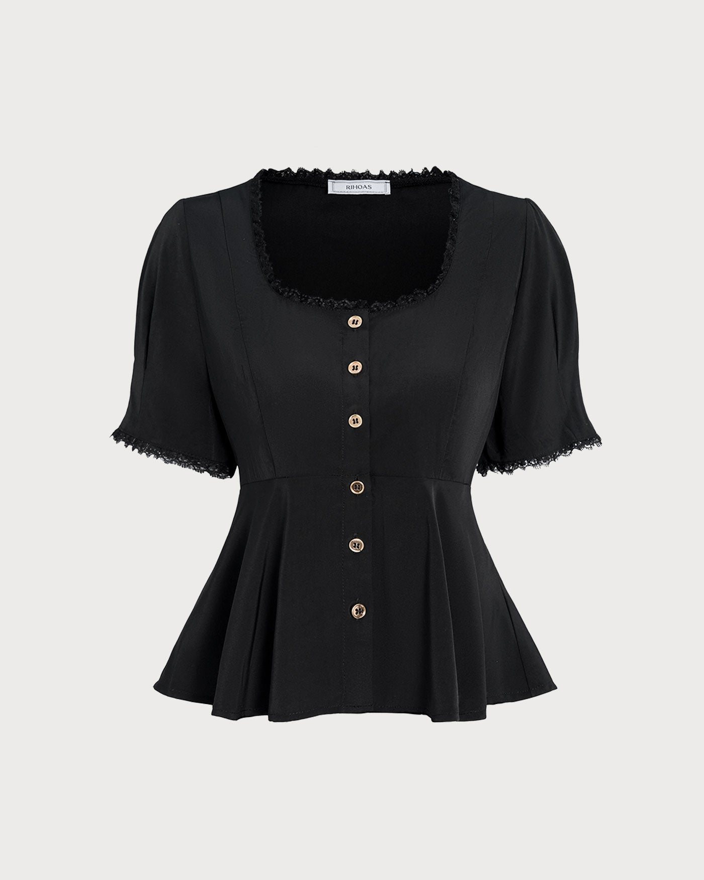 Blusa de Encaje Escote Cuadrado — Negro