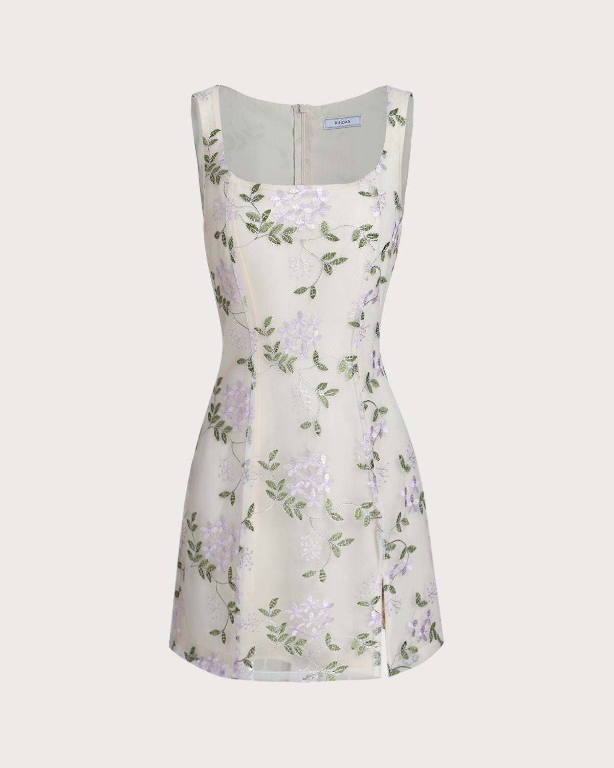 Vestido Mini Slip con Bordado y Abertura — Beige