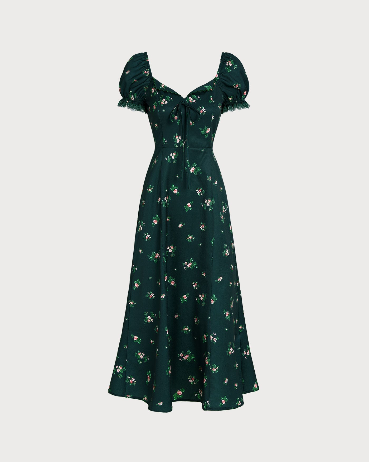 Vestido Midi Floral Manga Abullonada — Verde