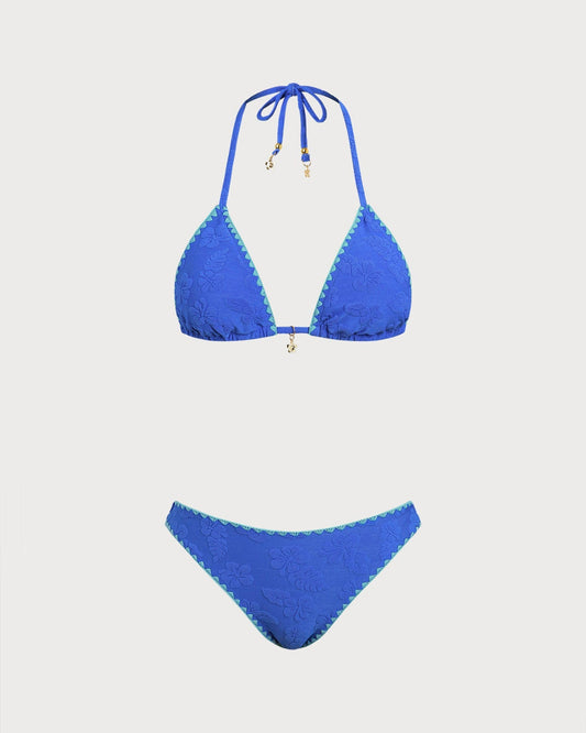 Bikini Halter Floral en Contraste — Azul