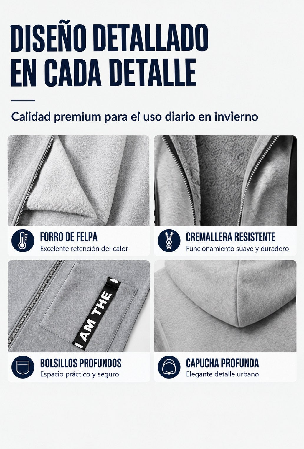 Abrigo con capucha para mujer – detalles: forro de felpa, cremallera, bolsillos, capucha