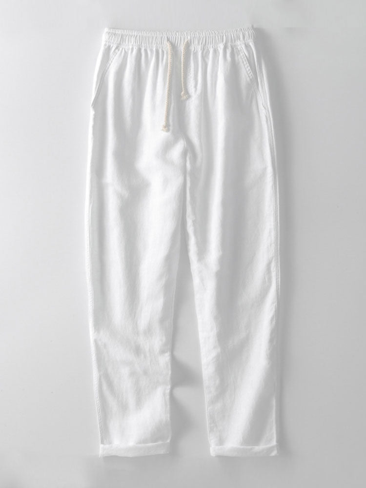 Relax Fit Geometry Crochet V Neck Knit Polo & Straight Leg Linen Pants