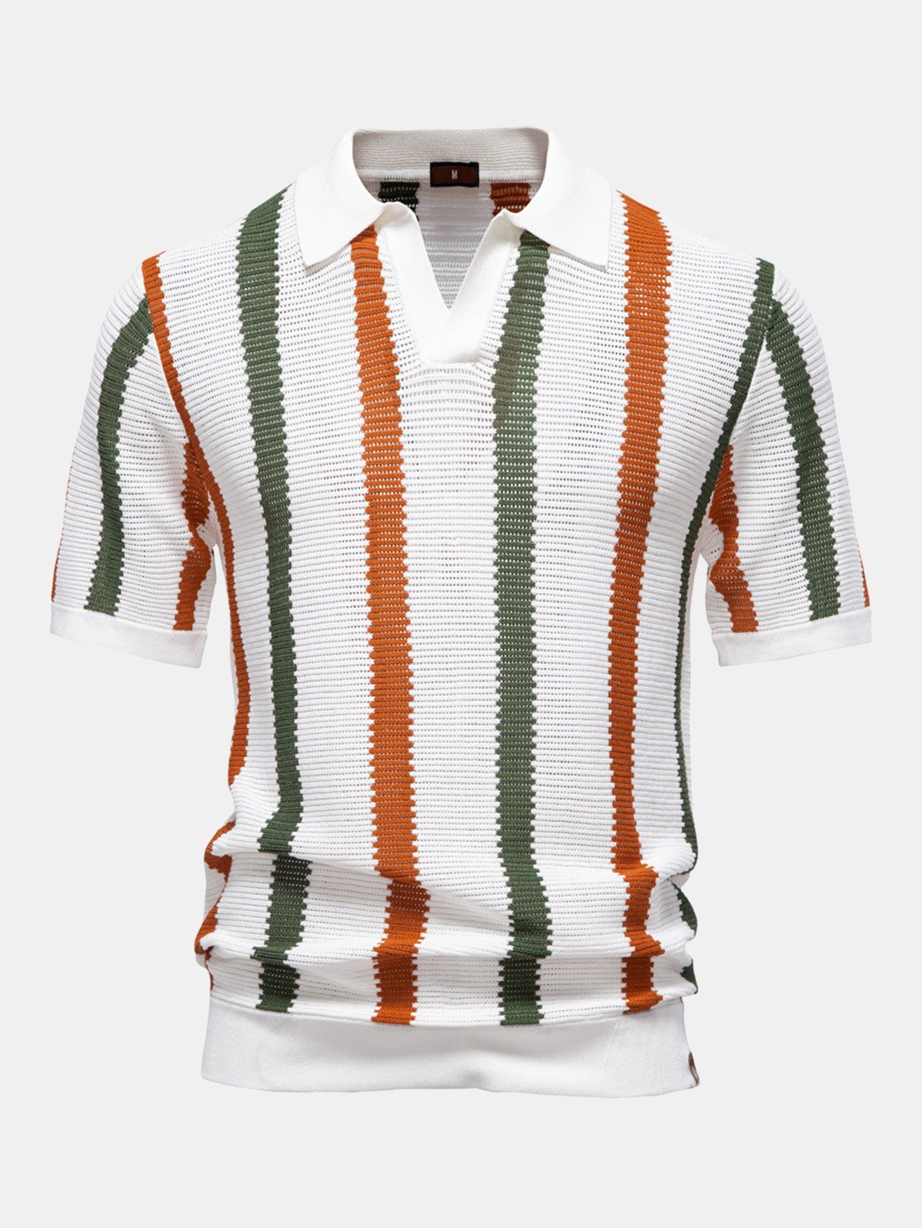 Camisa Polo de Punto a Rayas con Cuello en V y Pantalones de Lino de Pierna Recta
