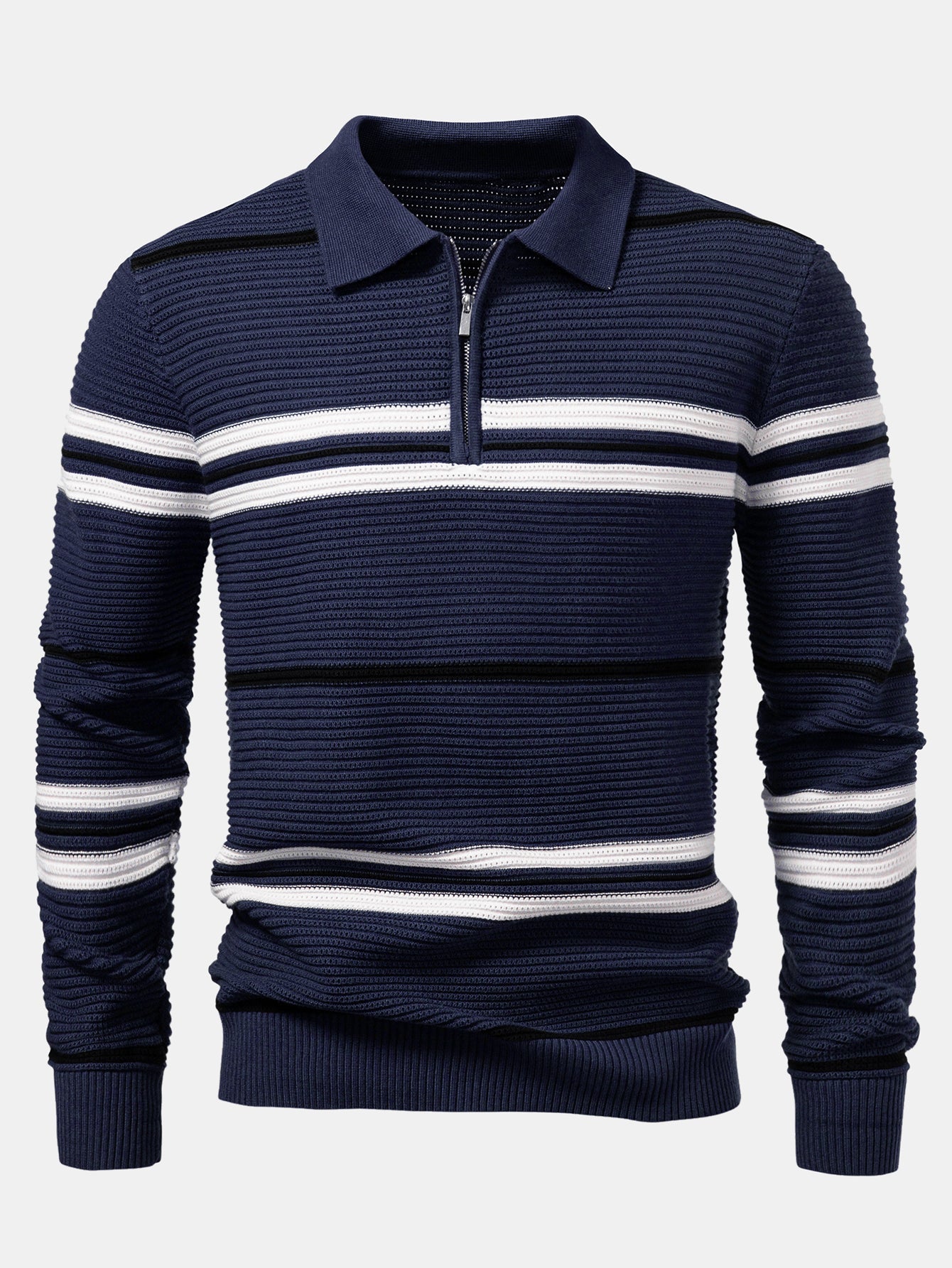 Camisa Polo de Punto Texturizado a Rayas con Cremallera