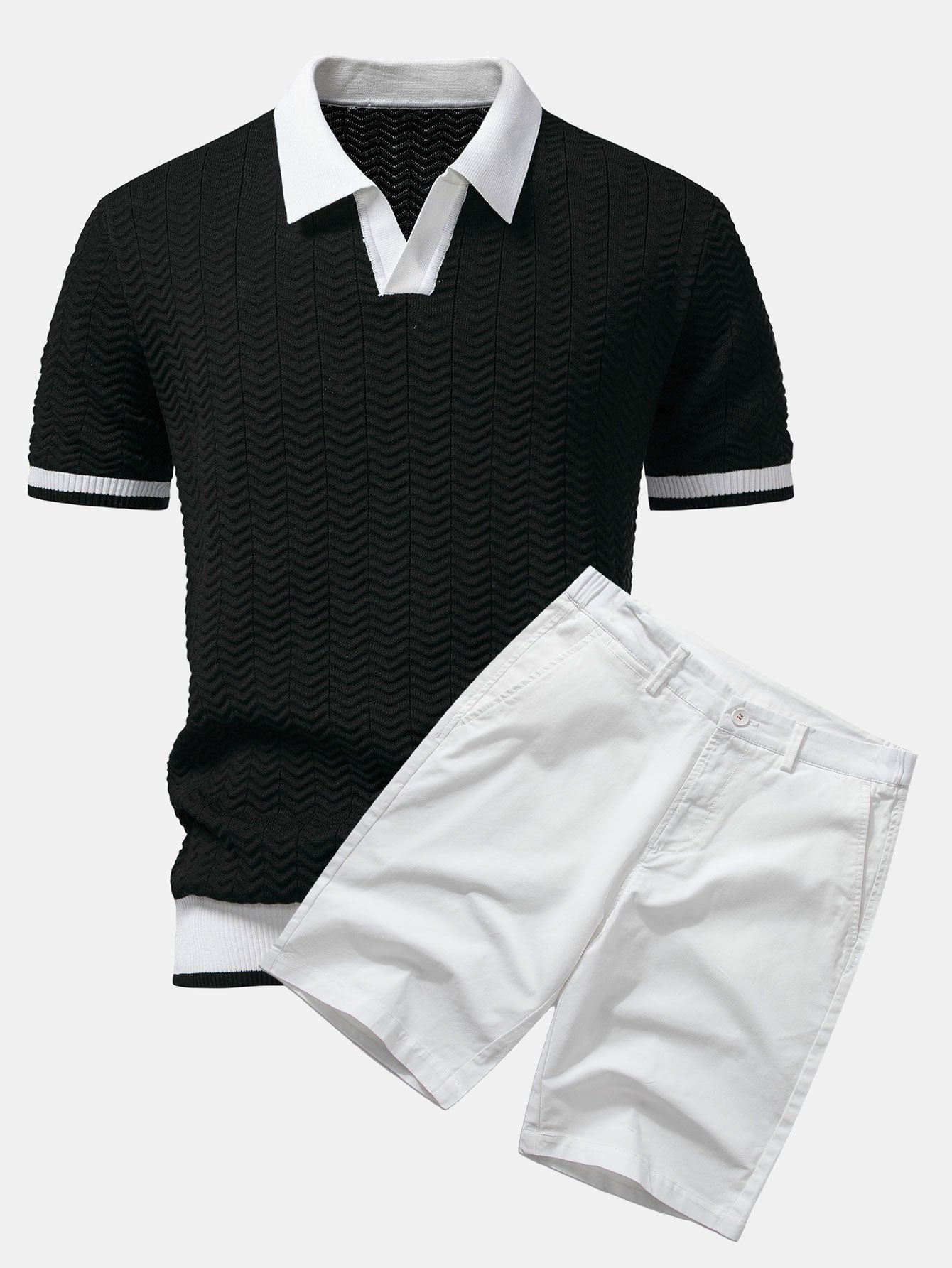 Camisa Polo de punto con contraste de textura y pantalones cortos de algodón tipo chino