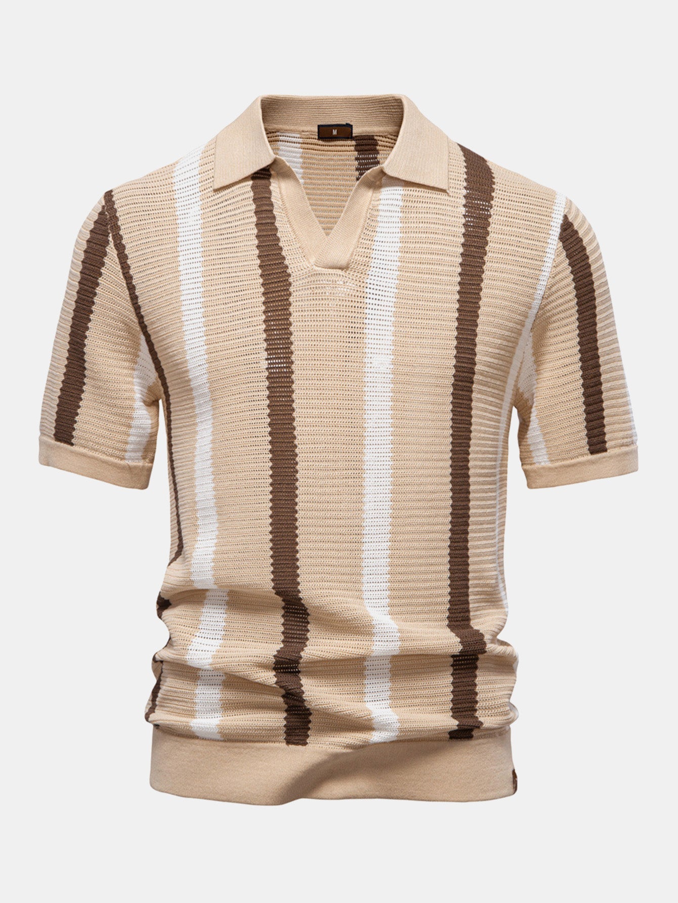 Camisa Polo de Punto a Rayas con Cuello en V y Pantalones de Lino de Pierna Recta