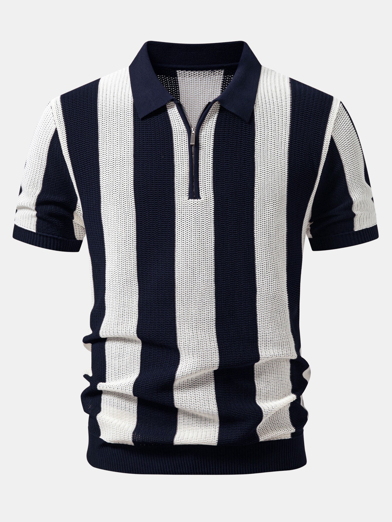 Stripe Zipper Open Knit Polo & Straight Leg Linen Pants