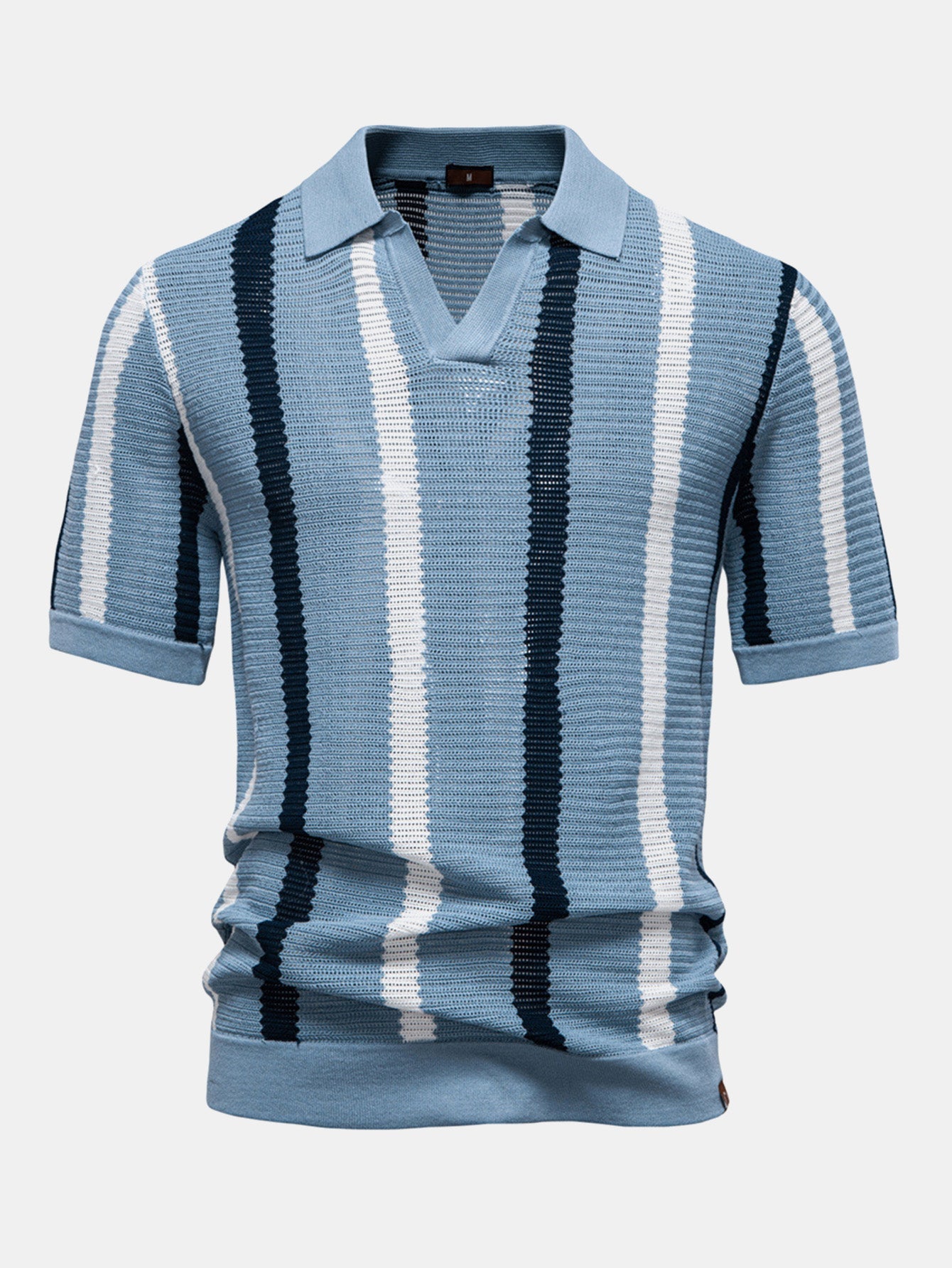 Camisa Polo de Punto a Rayas con Cuello en V y Pantalones de Lino de Pierna Recta