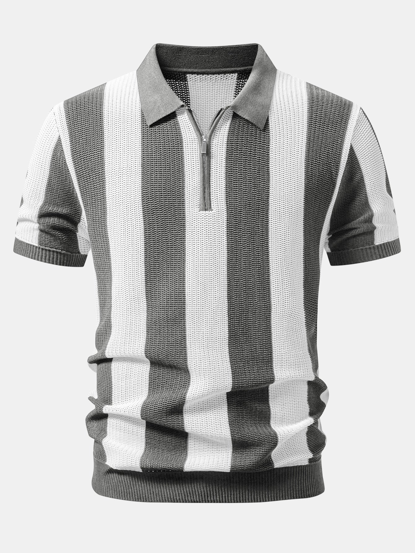Stripe Zipper Open Knit Polo & Straight Leg Linen Pants