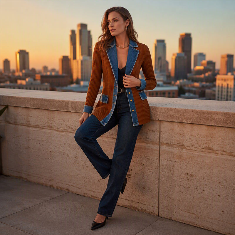 Abrigo de punto canalé con denim – Caqui