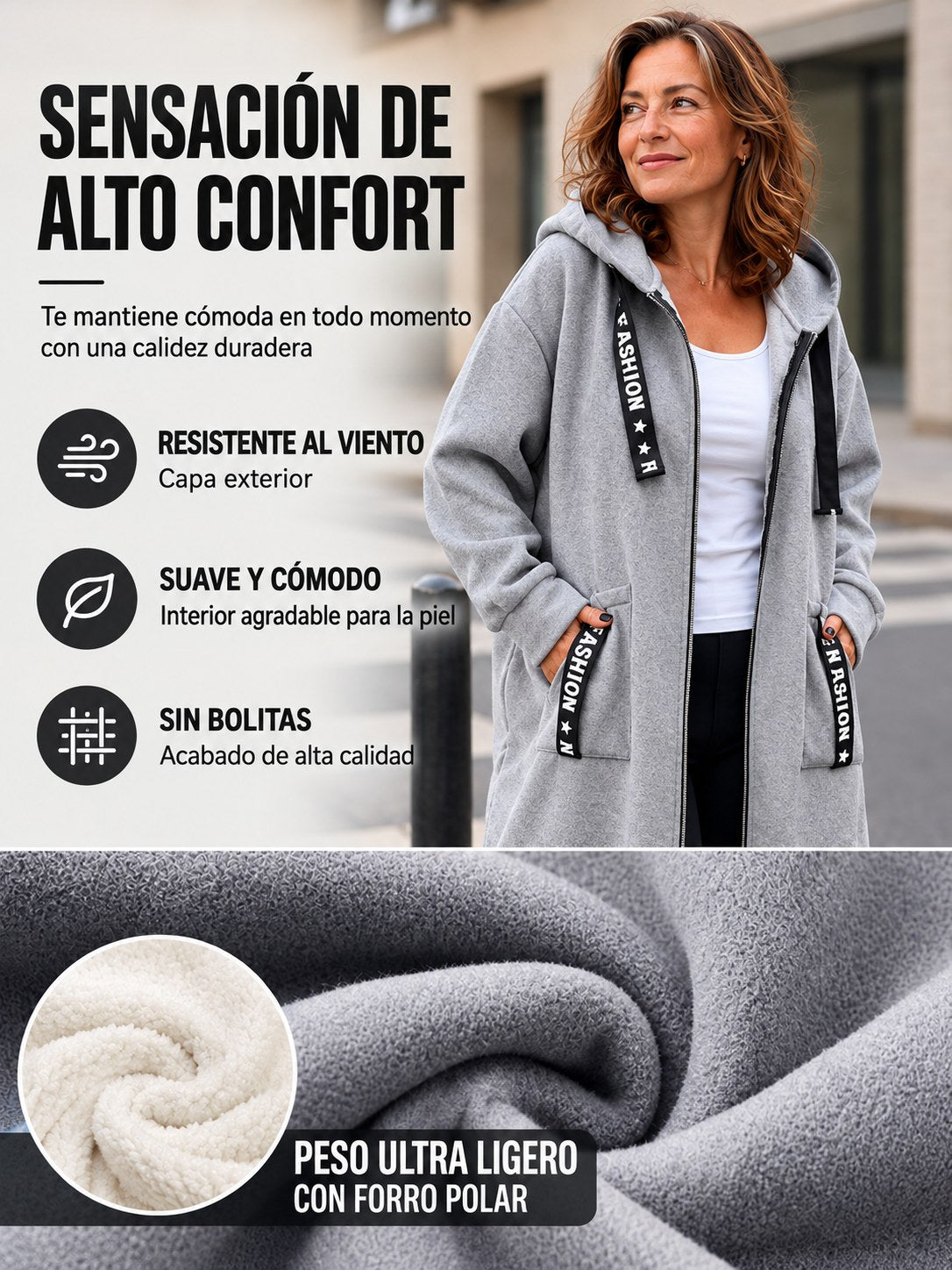 Abrigo con capucha para mujer – sensación de alto confort, forro polar
