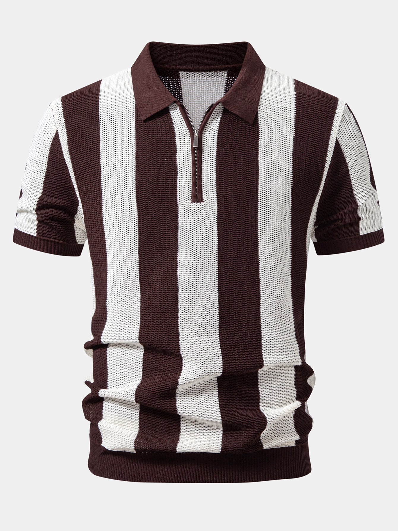 Stripe Zipper Open Knit Polo