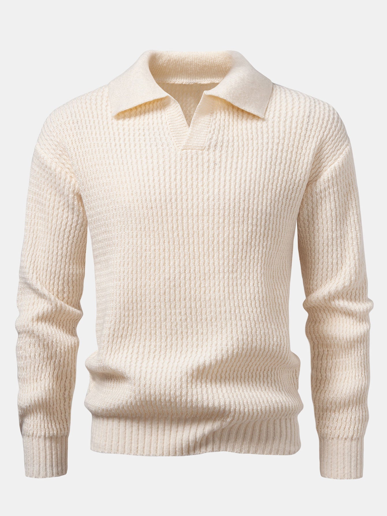 Camisa Polo de punto jacquard con ondas, manga larga y cuello en V