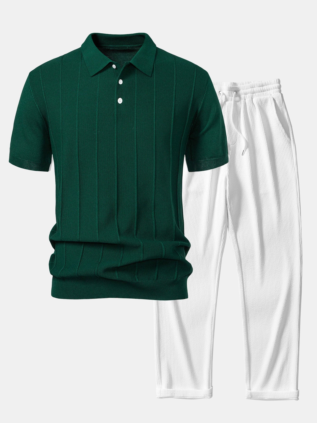 Camisa Polo de Punto Jacquard Stripe y Pantalones de Pierna Recta con Ribete Acanalado
