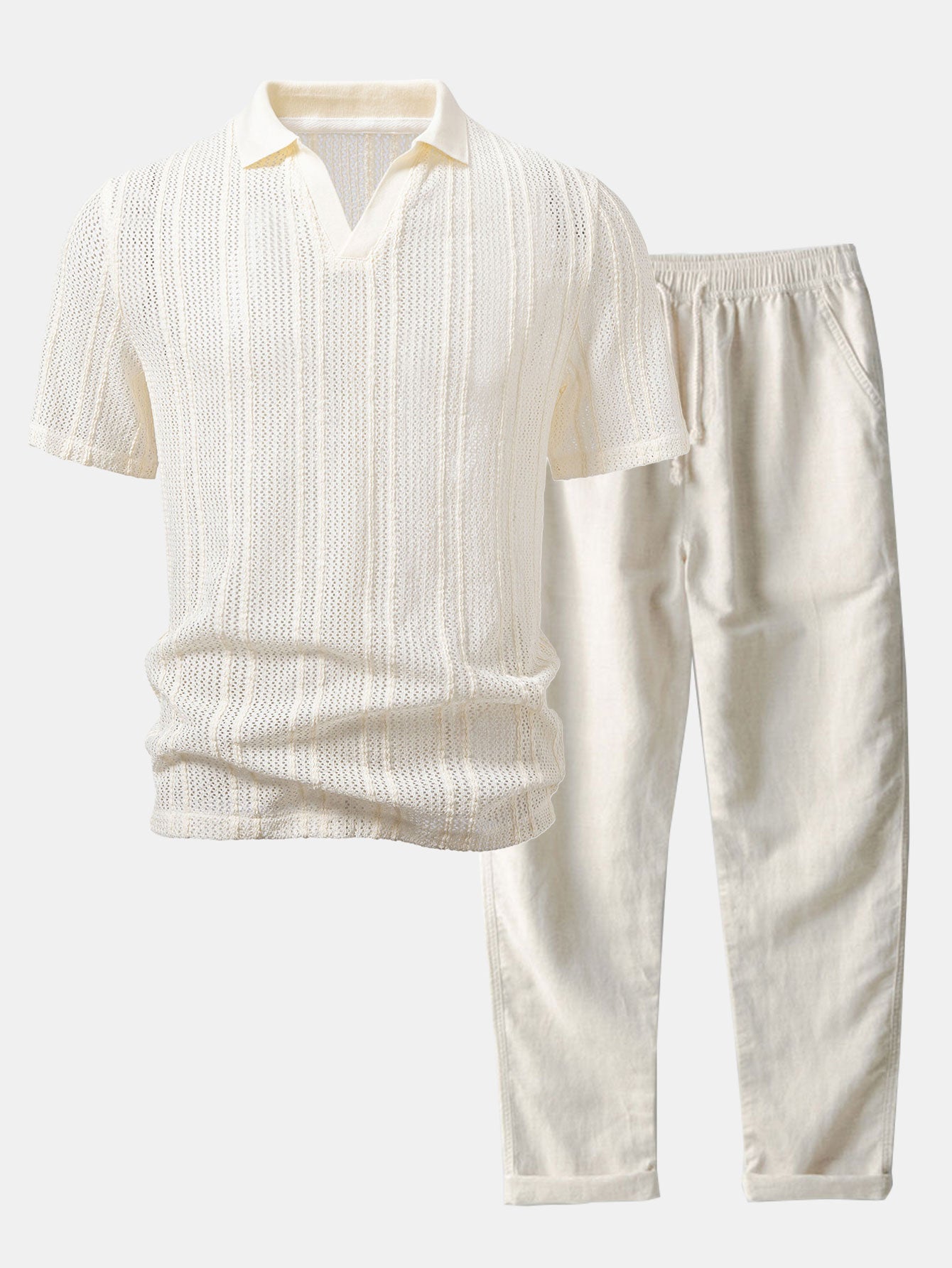 Relax Fit Striped Open Knit Polo & Straight Leg Linen Pants