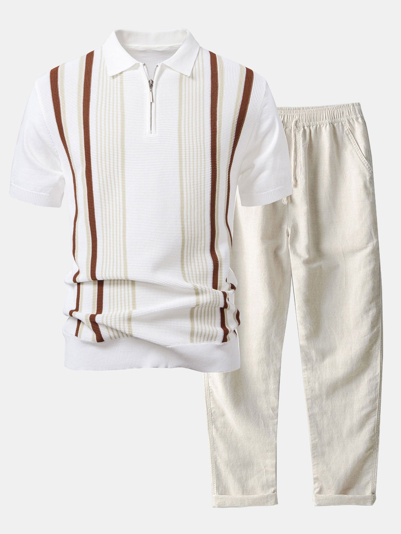 Camisa Polo de punto con cremallera Stripe Knit y pantalones de lino de pierna recta