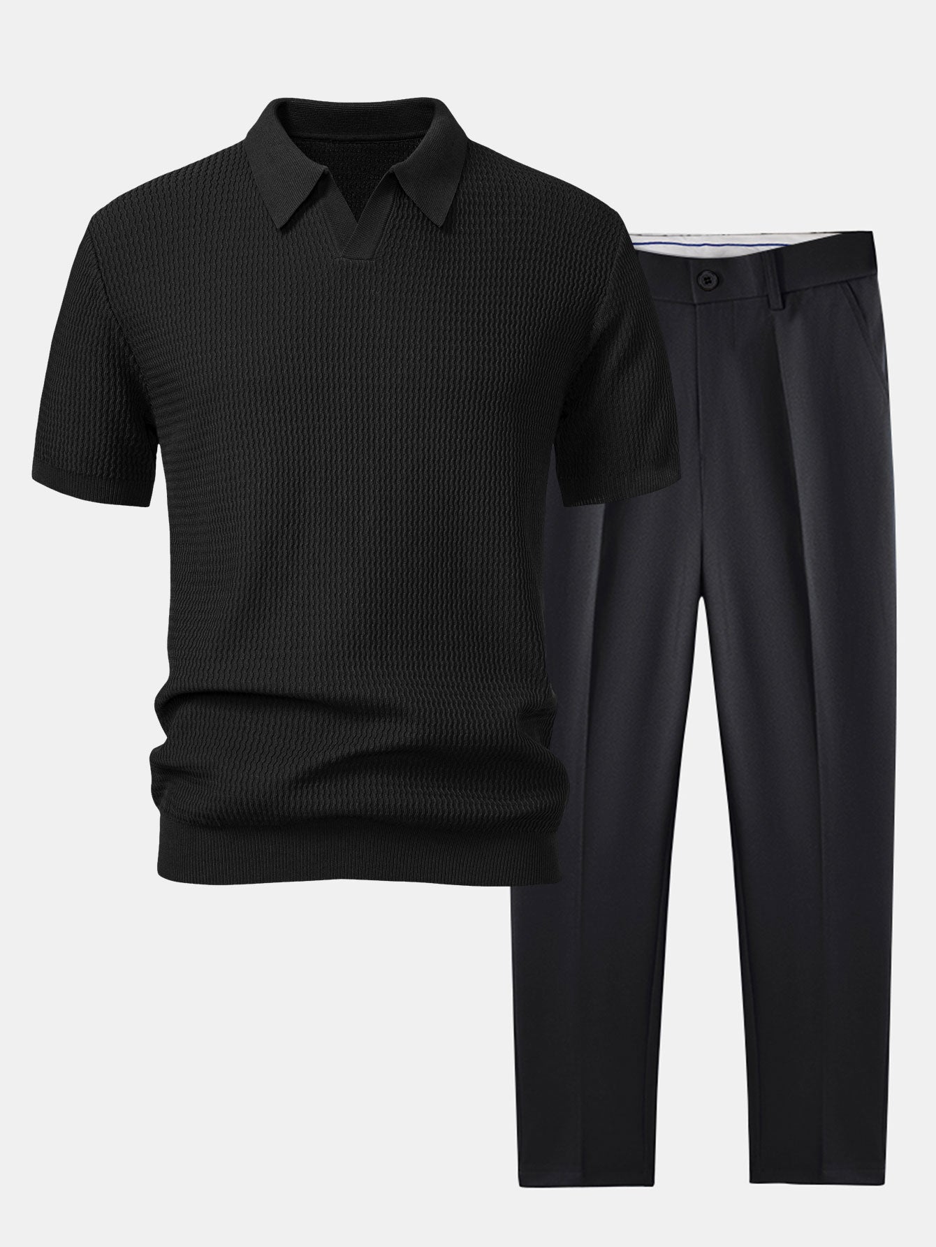 Polo de punto jacquard con cuello en V y pantalones ajustados de corte cónico