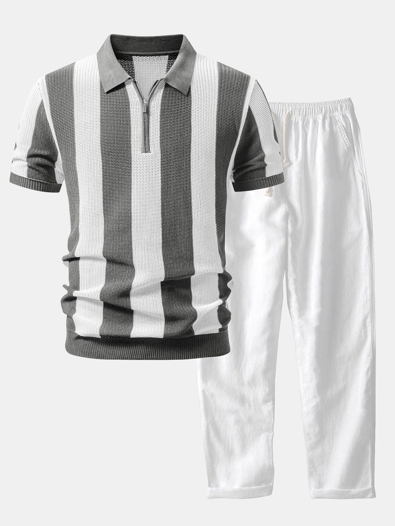Stripe Zipper Open Knit Polo & Straight Leg Linen Pants