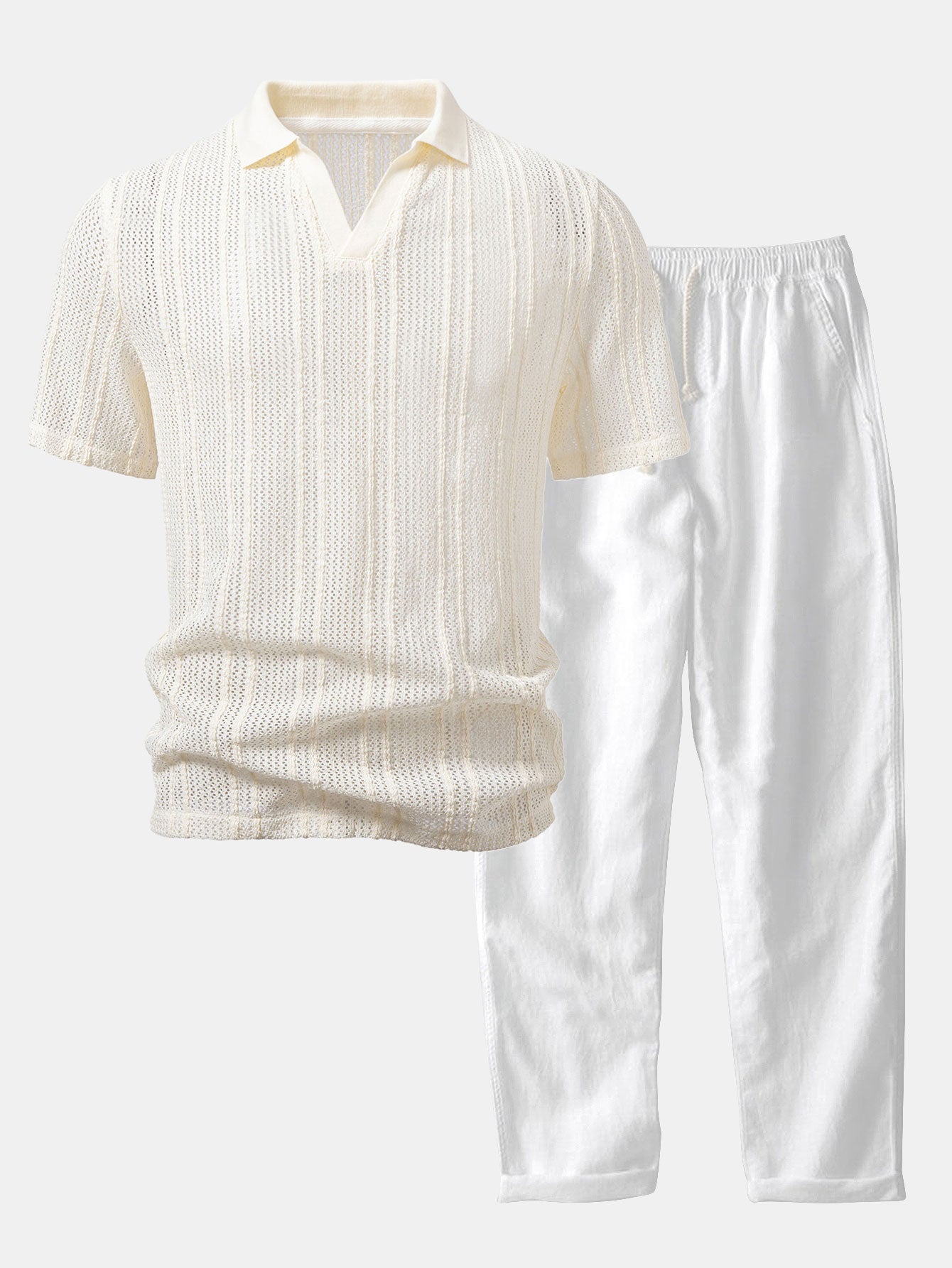 Relax Fit Striped Open Knit Polo & Straight Leg Linen Pants