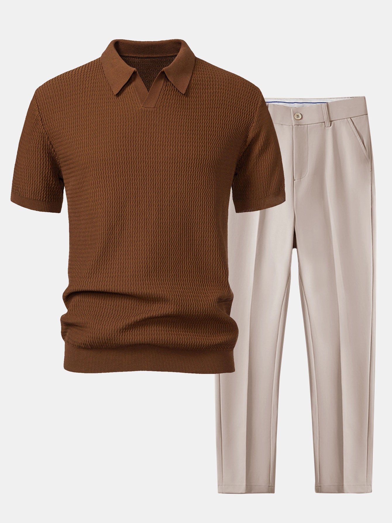 Polo de punto jacquard con cuello en V y pantalones ajustados de corte cónico