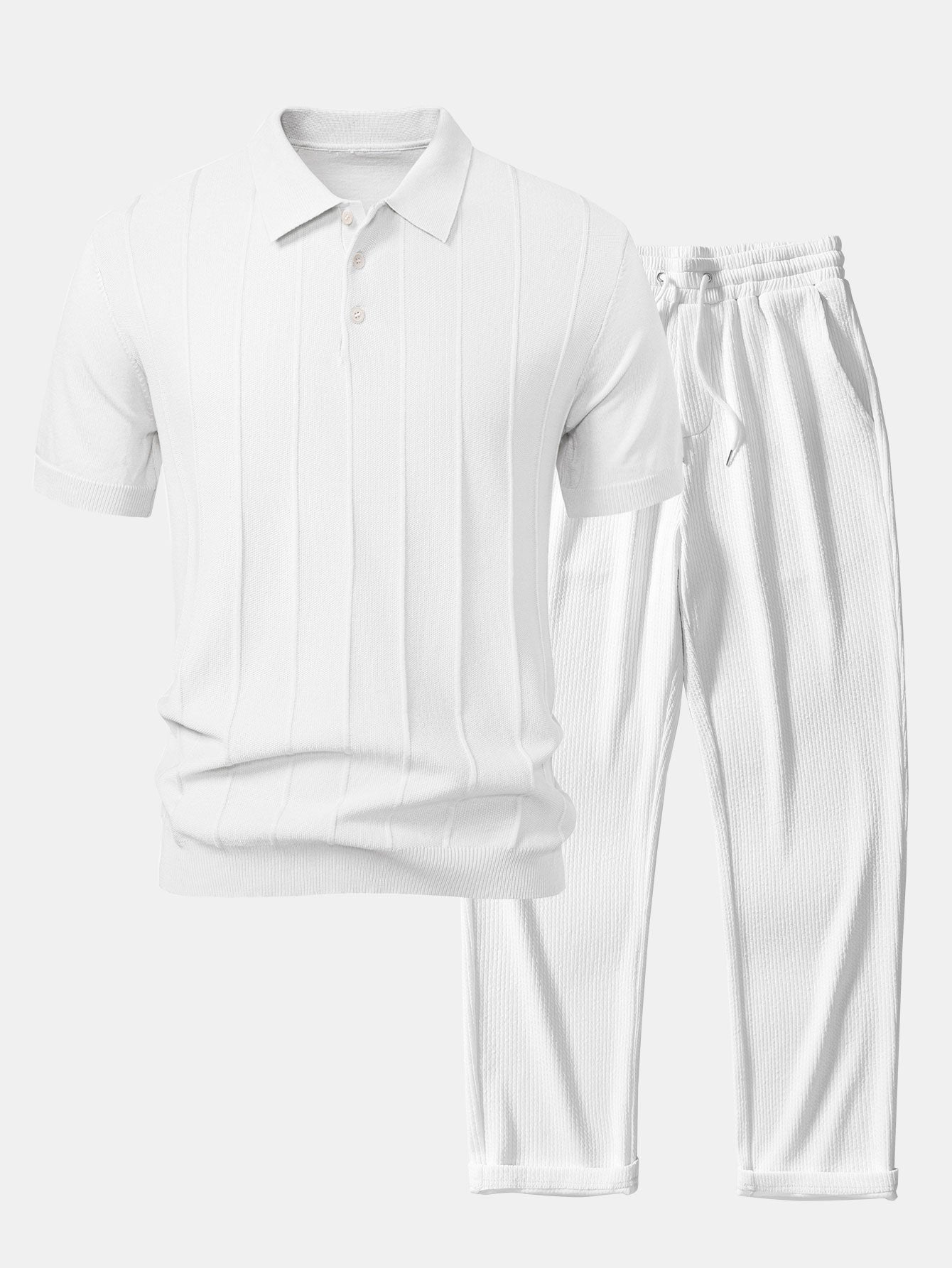 Camisa Polo de Punto Jacquard Stripe y Pantalones de Pierna Recta con Ribete Acanalado