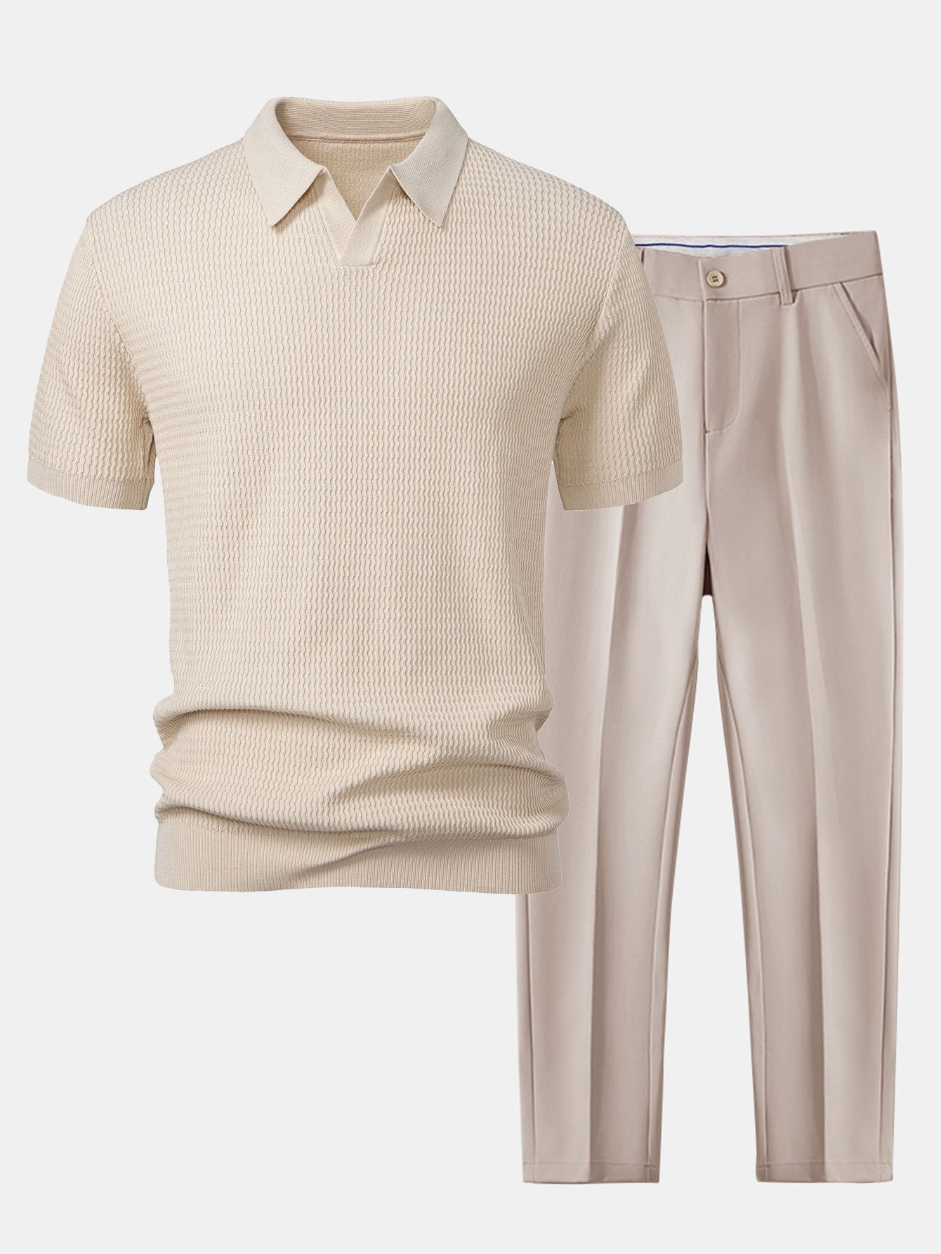 Polo de punto jacquard con cuello en V y pantalones ajustados de corte cónico