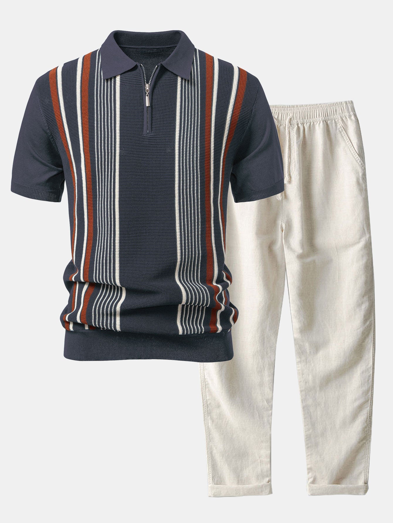 Camisa Polo de punto con cremallera Stripe Knit y pantalones de lino de pierna recta