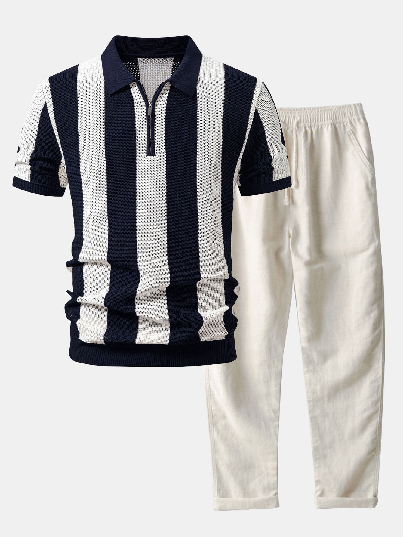 Stripe Zipper Open Knit Polo & Straight Leg Linen Pants