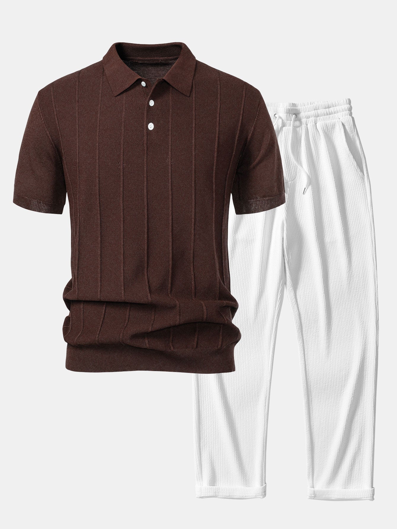 Camisa Polo de Punto Jacquard Stripe y Pantalones de Pierna Recta con Ribete Acanalado