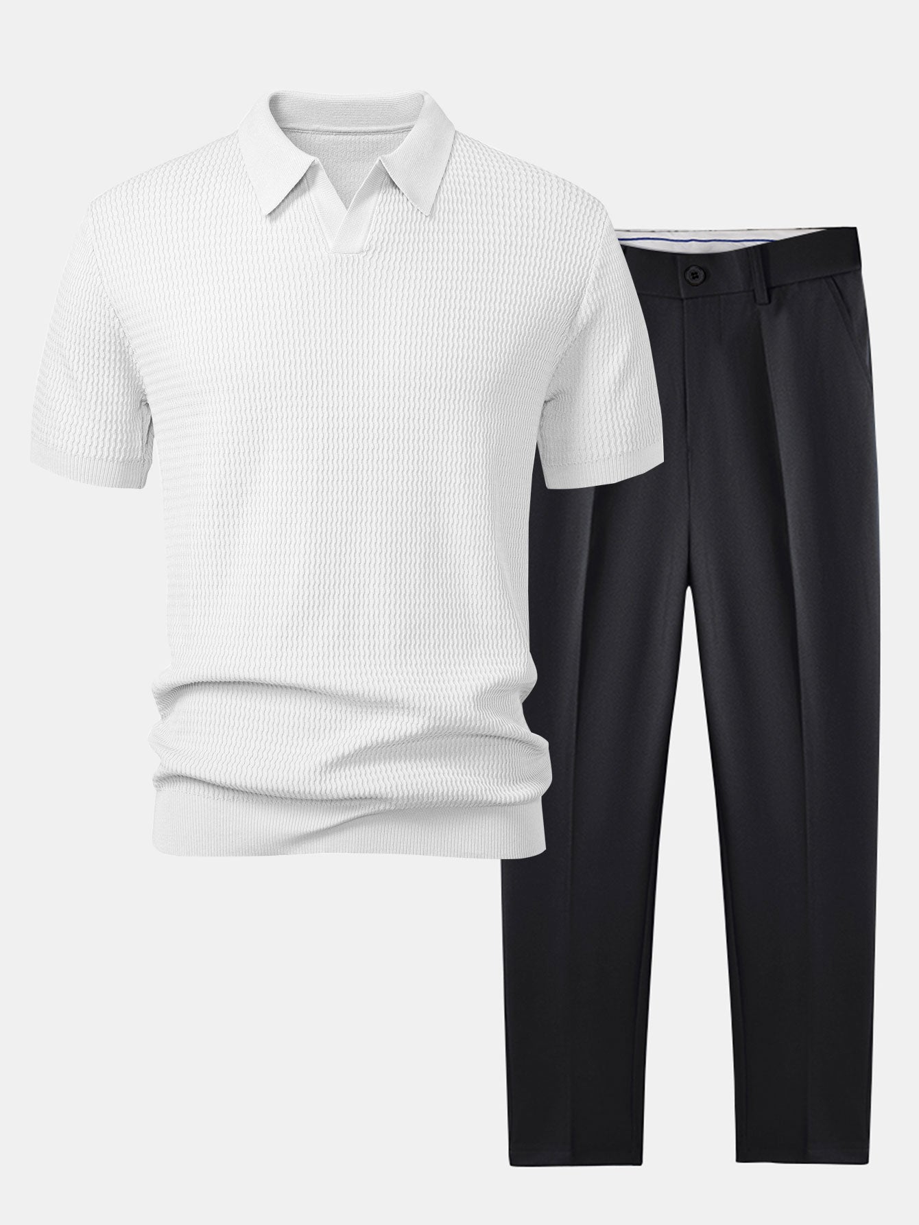 Polo de punto jacquard con cuello en V y pantalones ajustados de corte cónico
