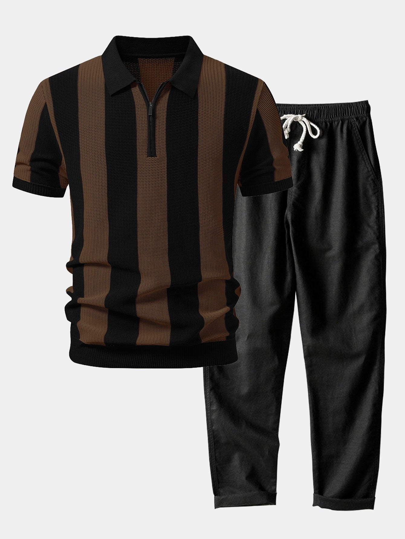 Stripe Zipper Open Knit Polo & Straight Leg Linen Pants