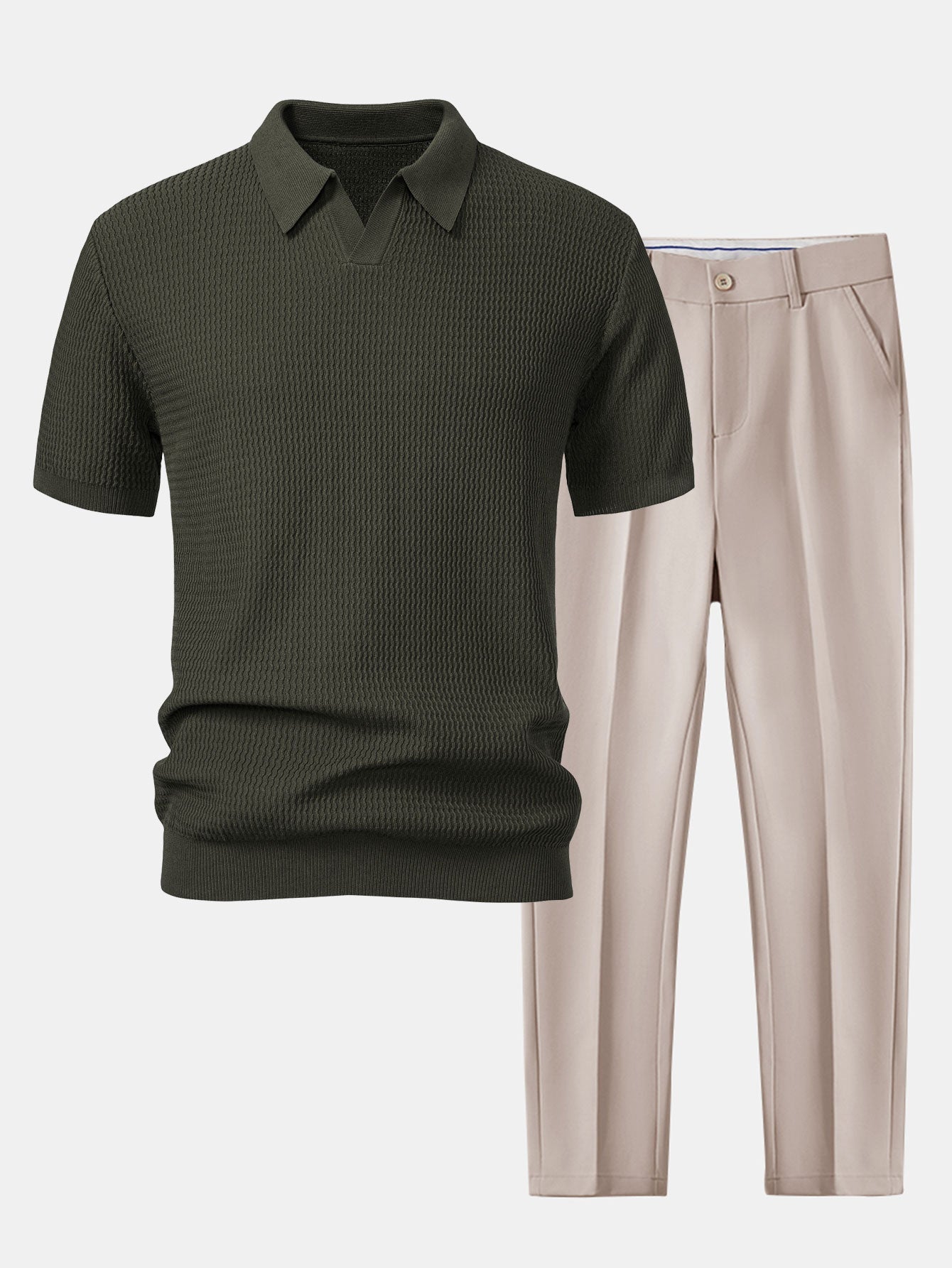 Polo de punto jacquard con cuello en V y pantalones ajustados de corte cónico