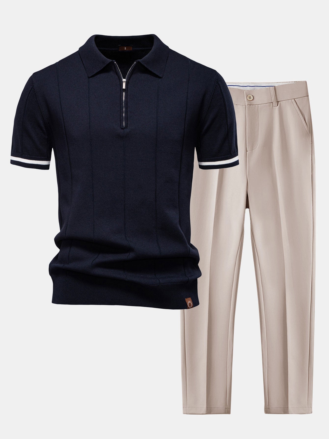 Polo de punto con cremallera y ribete en contraste & Pantalones ajustados de corte cónico