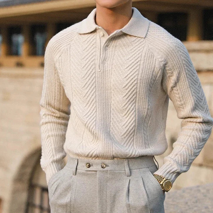 Jersey de punto con cuello polo – Beige