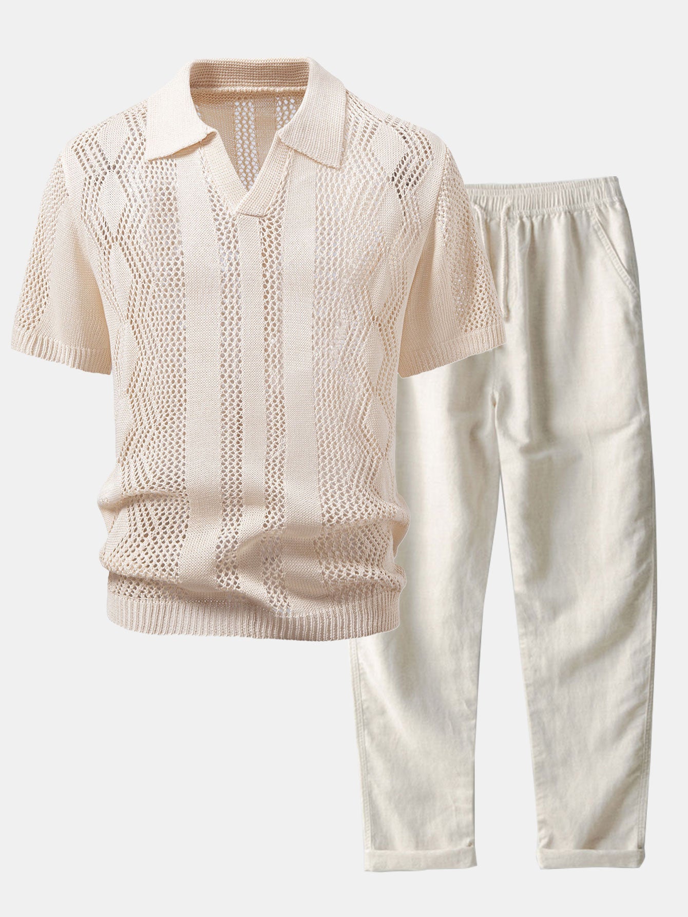 Relax Fit Geometry Crochet V Neck Knit Polo & Straight Leg Linen Pants