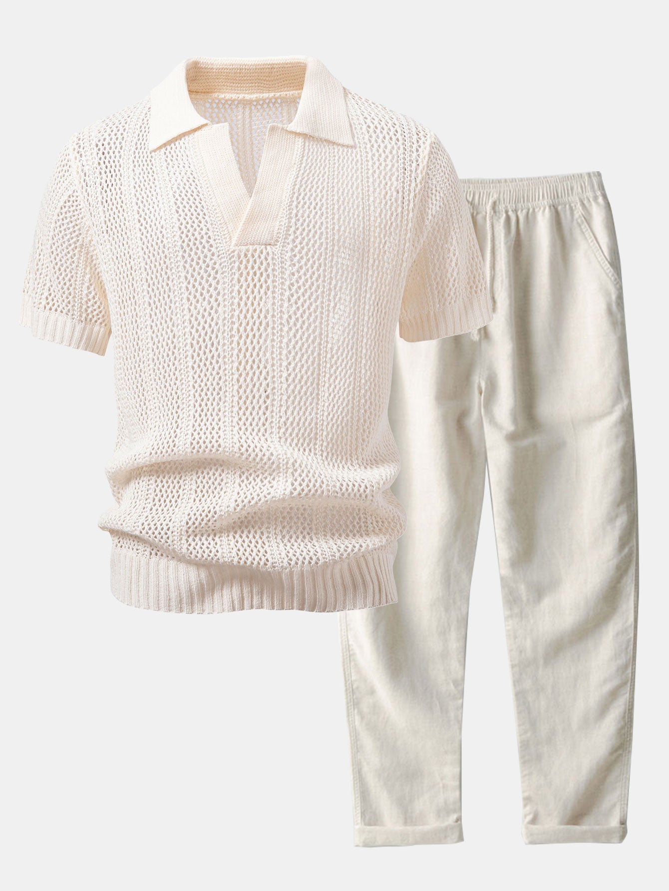 Relax Fit Crochet V Neck Knit Polo & Straight Leg Linen Pants